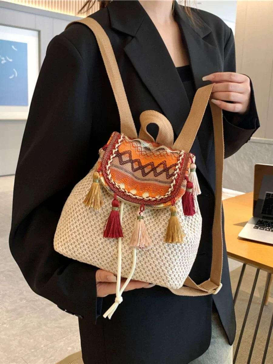 Unique Handwoven Crossbody Backpack for Women with Colorful Tassels - Natural Cotton Rope, 33x22cm, Adjustable Strap