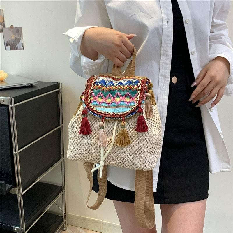 Unique Handwoven Crossbody Backpack for Women with Colorful Tassels - Natural Cotton Rope, 33x22cm, Adjustable Strap 3