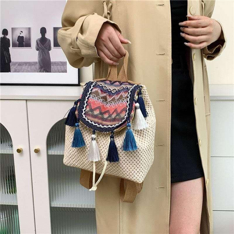 Unique Handwoven Crossbody Backpack for Women with Colorful Tassels - Natural Cotton Rope, 33x22cm, Adjustable Strap