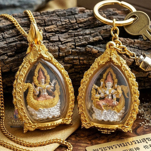 Universal Harmony & Sovereign Abundance Phra Phrom Borom Suk Khu Chiwit 3K Gold-Plated Bronze Enclosed in Real Gold-Plated Bronze Frame Edition Thai Blessing Co By RURUECHA