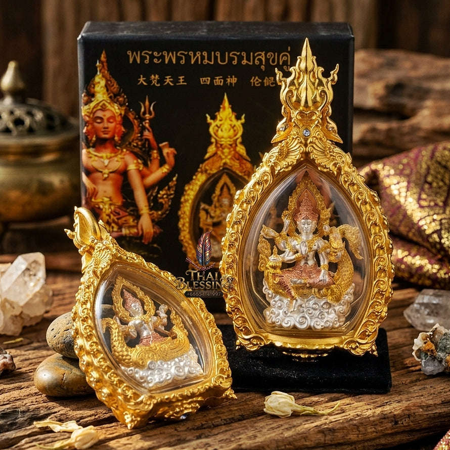 Universal Harmony & Sovereign Abundance Phra Phrom Borom Suk Khu Chiwit 3K Gold-Plated Bronze Enclosed in Real Gold-Plated Bronze Frame Edition Thai Blessing Co By RURUECHA