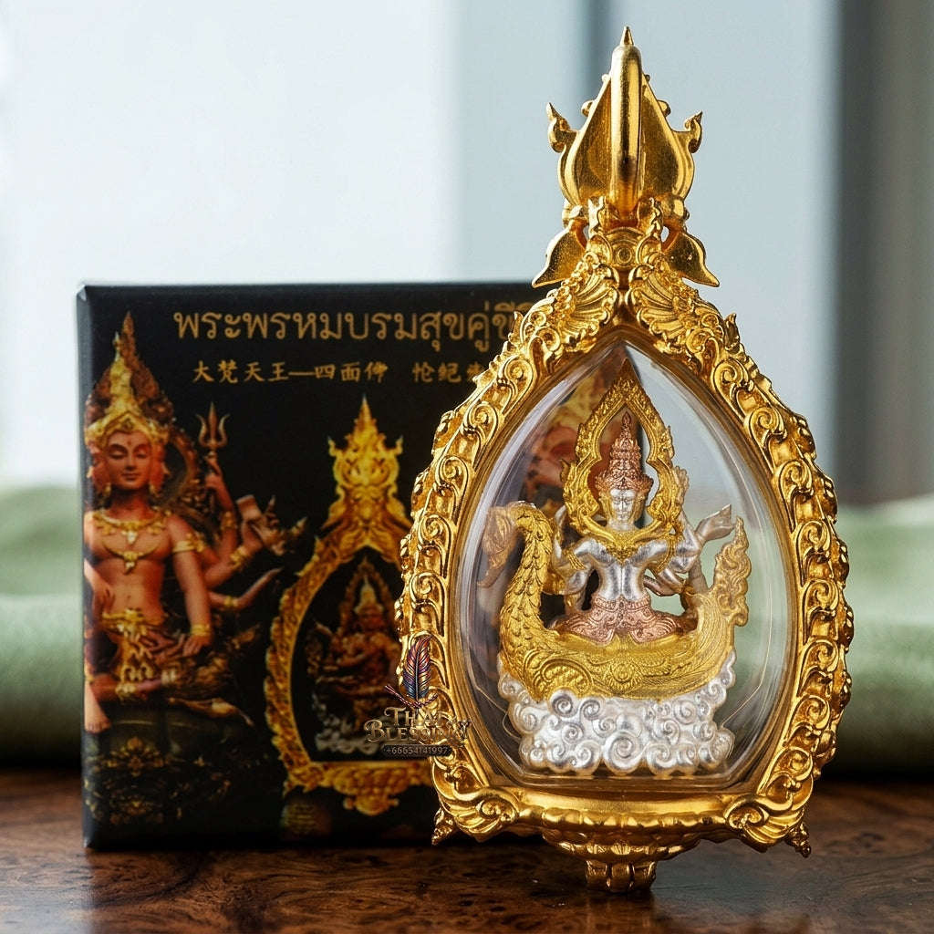 Universal Harmony & Sovereign Abundance Phra Phrom Borom Suk Khu Chiwit 3K Gold-Plated Bronze Enclosed in Real Gold-Plated Bronze Frame Edition Thai Blessing Co By RURUECHA