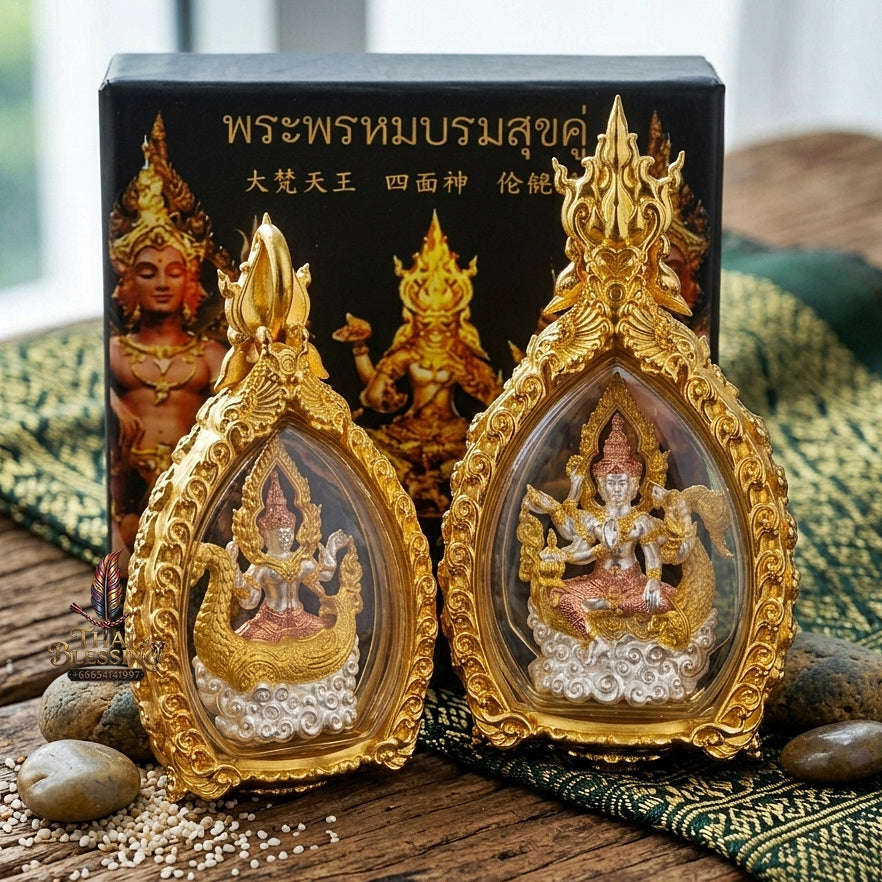 Universal Harmony & Sovereign Abundance Phra Phrom Borom Suk Khu Chiwit 3K Gold-Plated Bronze Enclosed in Real Gold-Plated Bronze Frame Edition Thai Blessing Co By RURUECHA