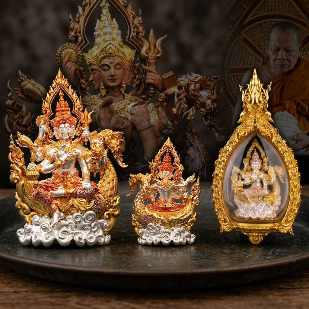 Universal Harmony & Sovereign Abundance Phra Phrom Borom Suk Khu Chiwit 3K Gold-Plated Bronze Enclosed in Real Gold-Plated Bronze Frame Edition Thai Blessing Co By RURUECHA
