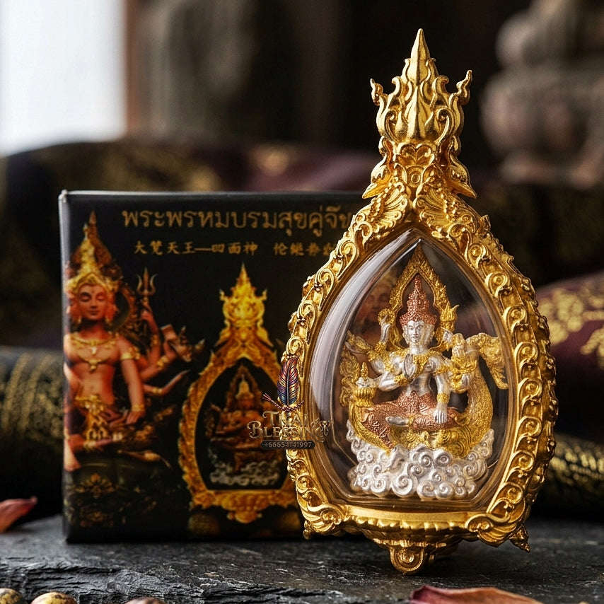 Universal Harmony & Sovereign Abundance Phra Phrom Borom Suk Khu Chiwit 3K Gold-Plated Bronze Enclosed in Real Gold-Plated Bronze Frame Edition Thai Blessing Co By RURUECHA