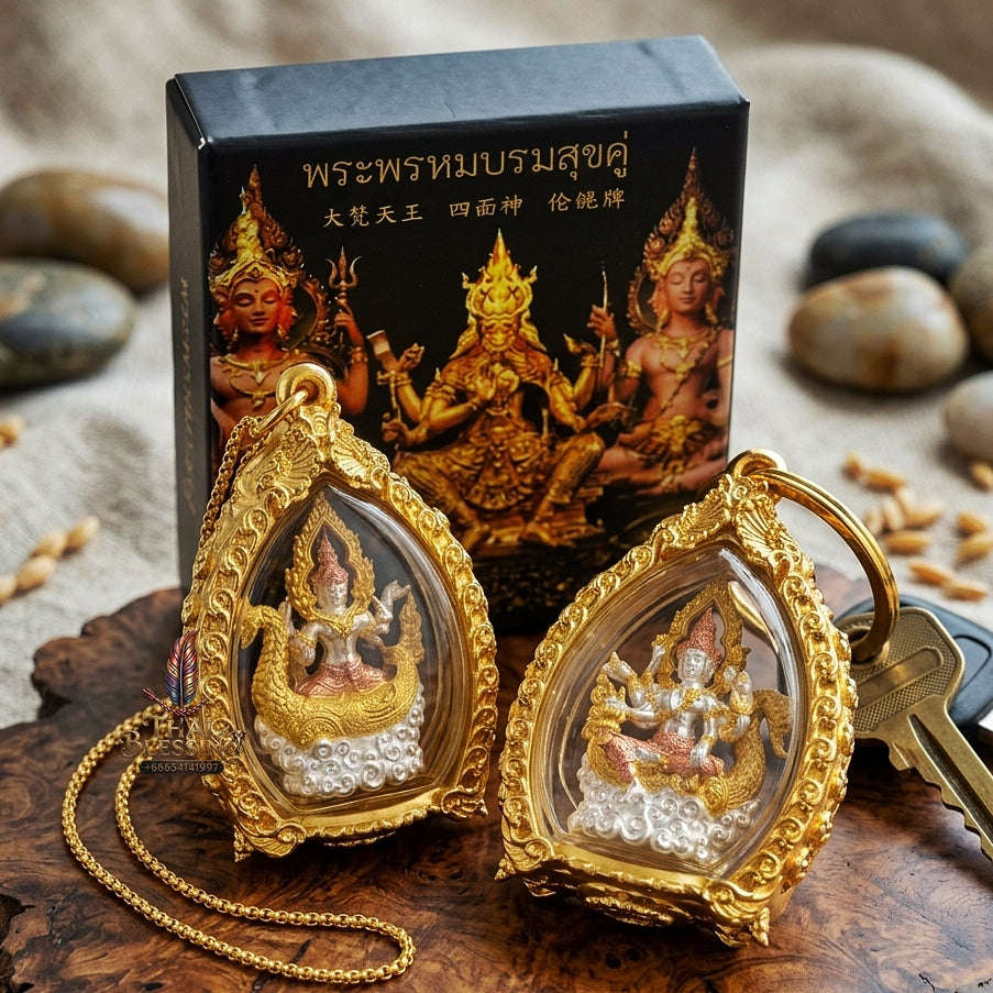 Universal Harmony & Sovereign Abundance Phra Phrom Borom Suk Khu Chiwit 3K Gold-Plated Bronze Enclosed in Real Gold-Plated Bronze Frame Edition Thai Blessing Co By RURUECHA