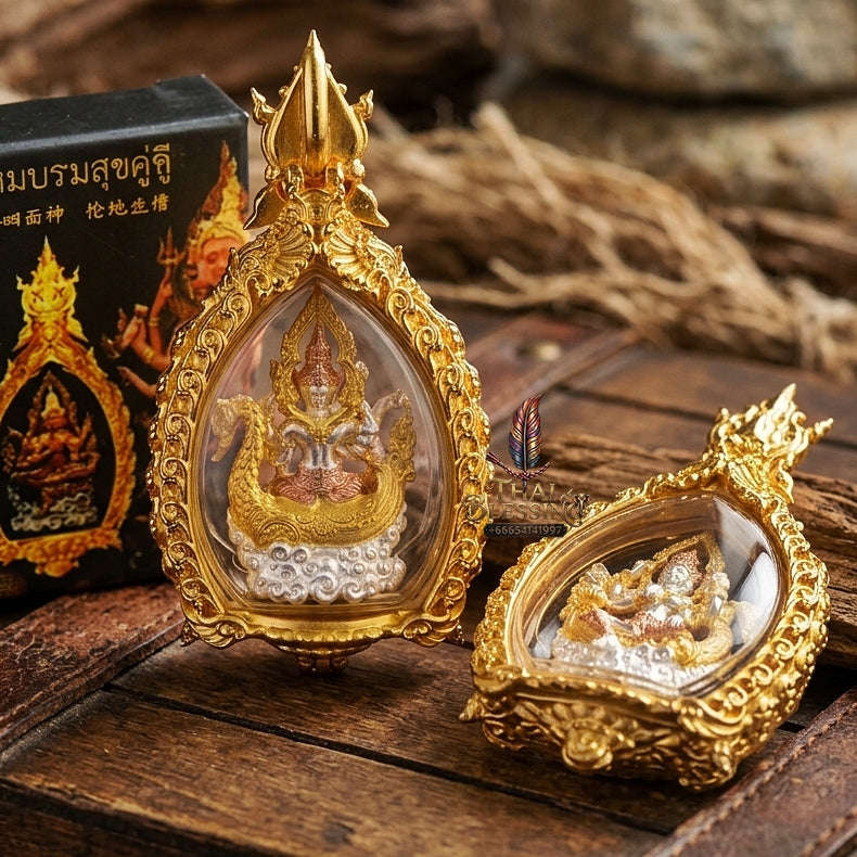 Universal Harmony & Sovereign Abundance Phra Phrom Borom Suk Khu Chiwit 3K Gold-Plated Bronze Enclosed in Real Gold-Plated Bronze Frame Edition Thai Blessing Co By RURUECHA