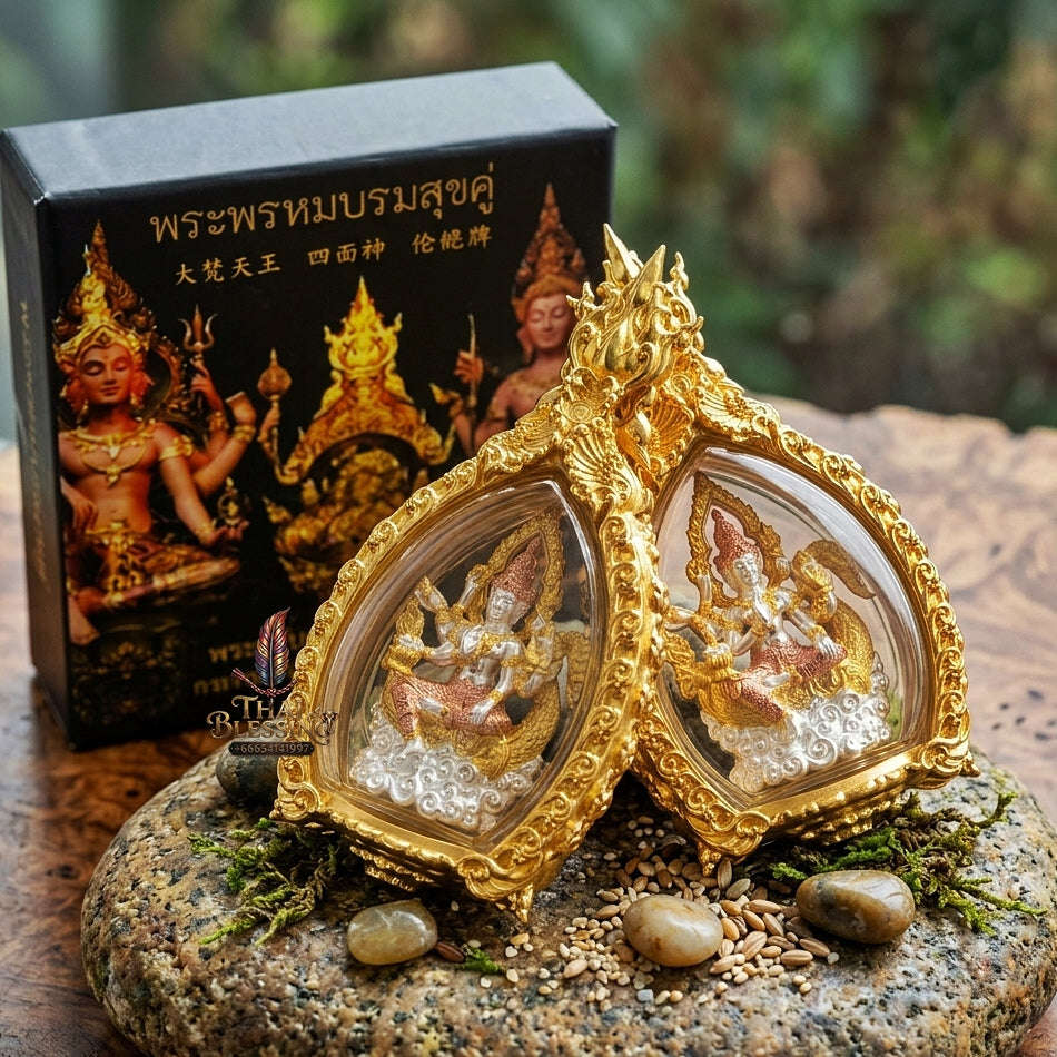 Universal Harmony & Sovereign Abundance Phra Phrom Borom Suk Khu Chiwit 3K Gold-Plated Bronze Enclosed in Real Gold-Plated Bronze Frame Edition Thai Blessing Co By RURUECHA