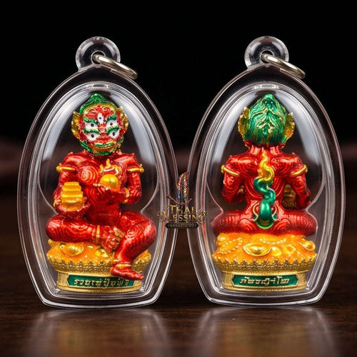 Unstoppable Luck & Wealth Beast Si Hu Ha Ta Ruay Neua Fah Red Enamel Gold - Phra Khru Palad Thanaphat 2023 Thai Blessing Co By RURUECHA