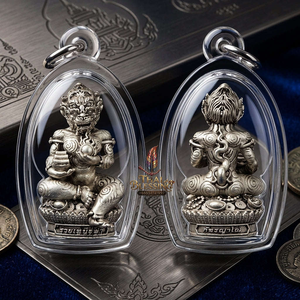 Unstoppable Luck & Wealth Beast Si Hu Ha Ta Ruay Neua Fah Silver Satin - Phra Khru Palad Thanaphat 2023 Thai Blessing Co By RURUECHA