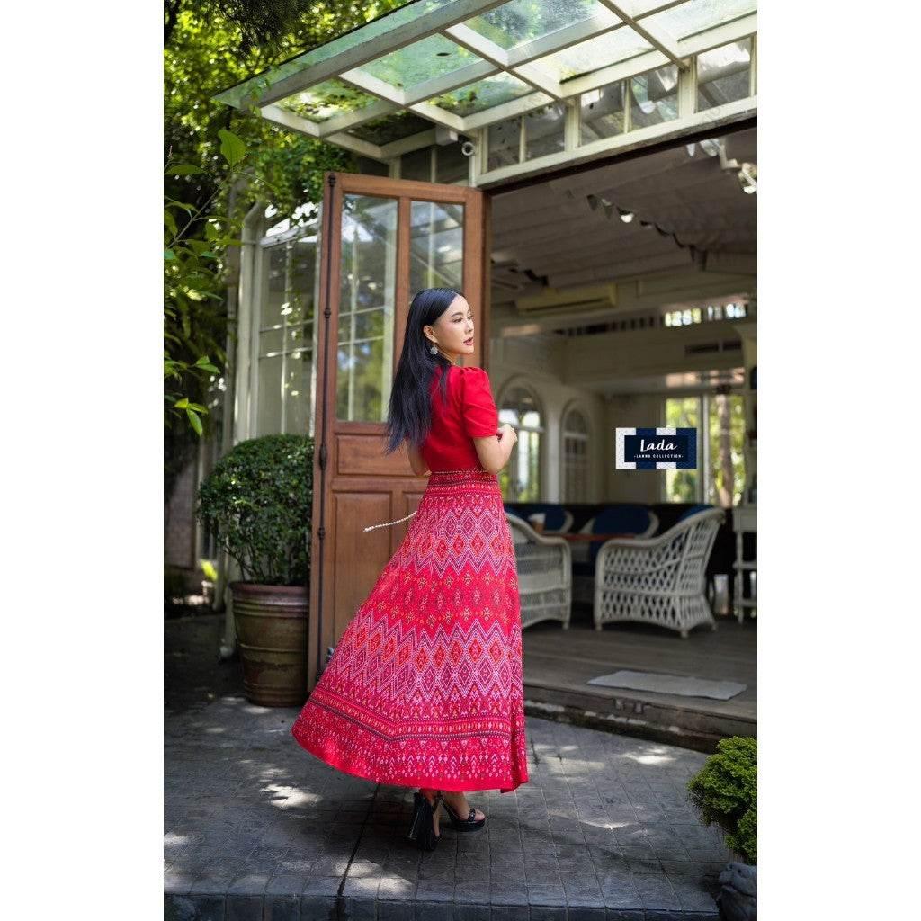 V-Neck Pleated Skirt Set - 6-Piece Cotton Outfit with Praewa Phan Mahaa Pattern in Pink, Red & Purple for Women S–XL