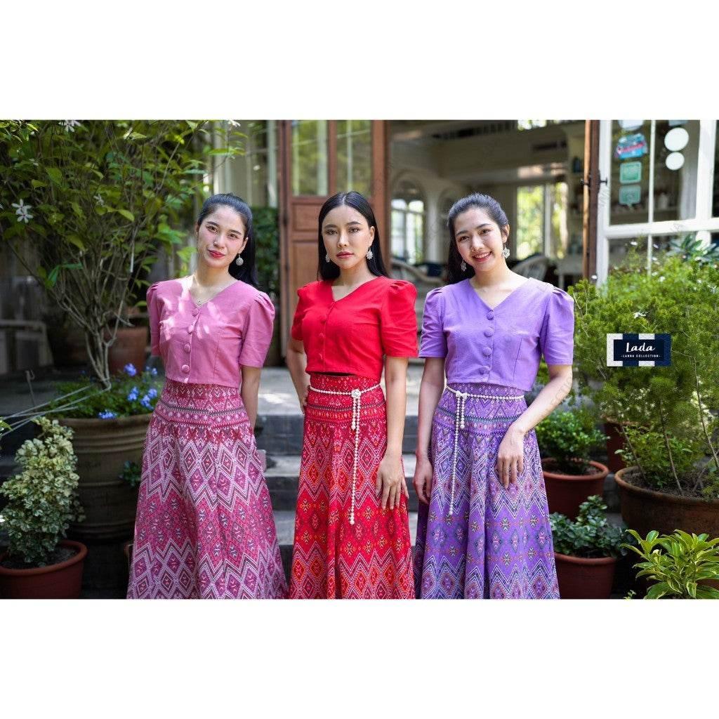 V-Neck Pleated Skirt Set - 6-Piece Cotton Outfit with Praewa Phan Mahaa Pattern in Pink, Red & Purple for Women S–XL