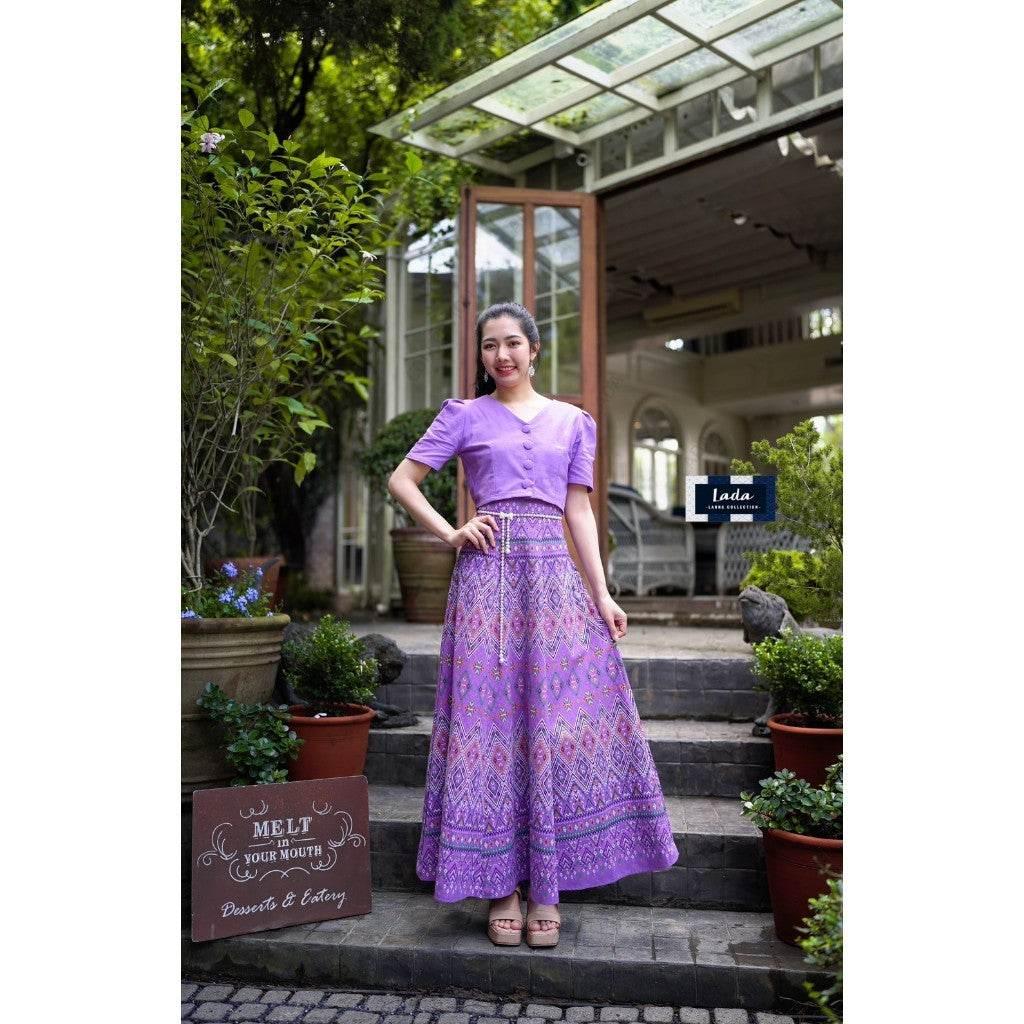V-Neck Pleated Skirt Set - 6-Piece Cotton Outfit with Praewa Phan Mahaa Pattern in Pink, Red & Purple for Women S–XL