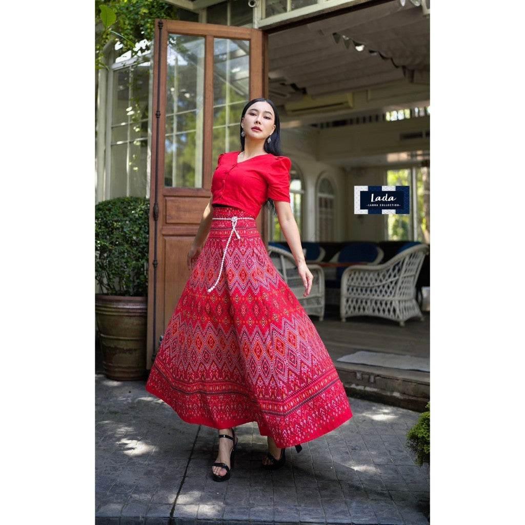 V-Neck Pleated Skirt Set - 6-Piece Cotton Outfit with Praewa Phan Mahaa Pattern in Pink, Red & Purple for Women S–XL แดง