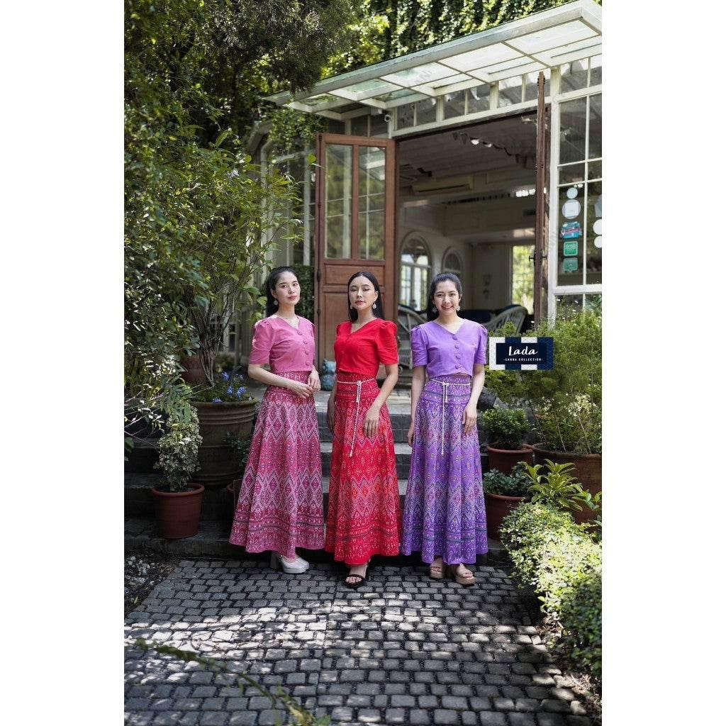 V-Neck Pleated Skirt Set - 6-Piece Cotton Outfit with Praewa Phan Mahaa Pattern in Pink, Red & Purple for Women S–XL