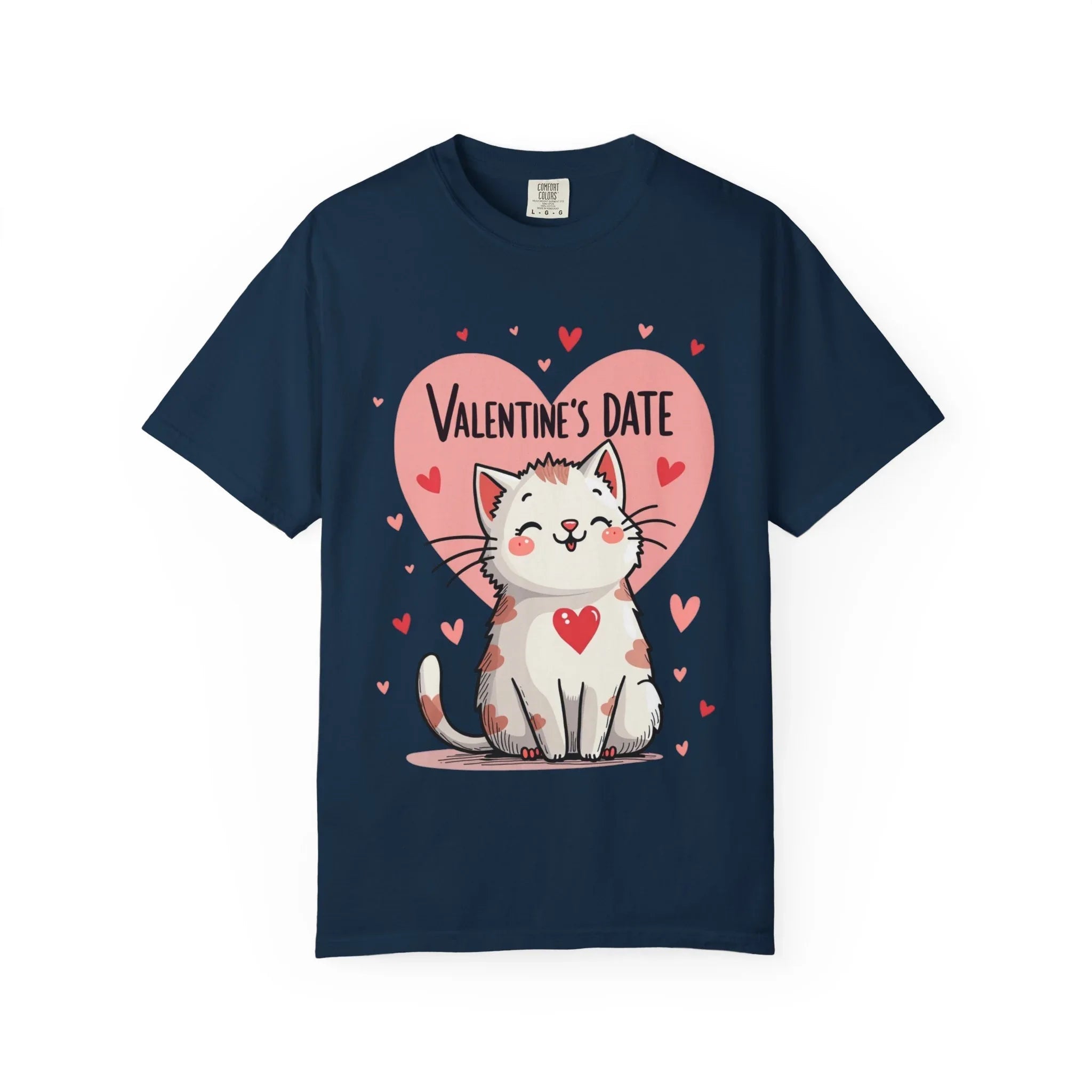 Valentine Cat Heart Shirt, Cute Blushing Kitty T-Shirt, Pink Heart Cat Graphic Tee, Cat Lover Gift, Valentines Day Outfit True Navy