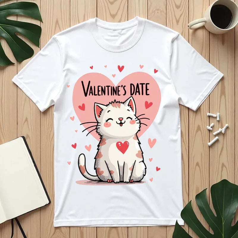 Valentine Cat Heart Shirt, Cute Blushing Kitty T-Shirt, Pink Heart Cat Graphic Tee, Cat Lover Gift, Valentines Day Outfit White