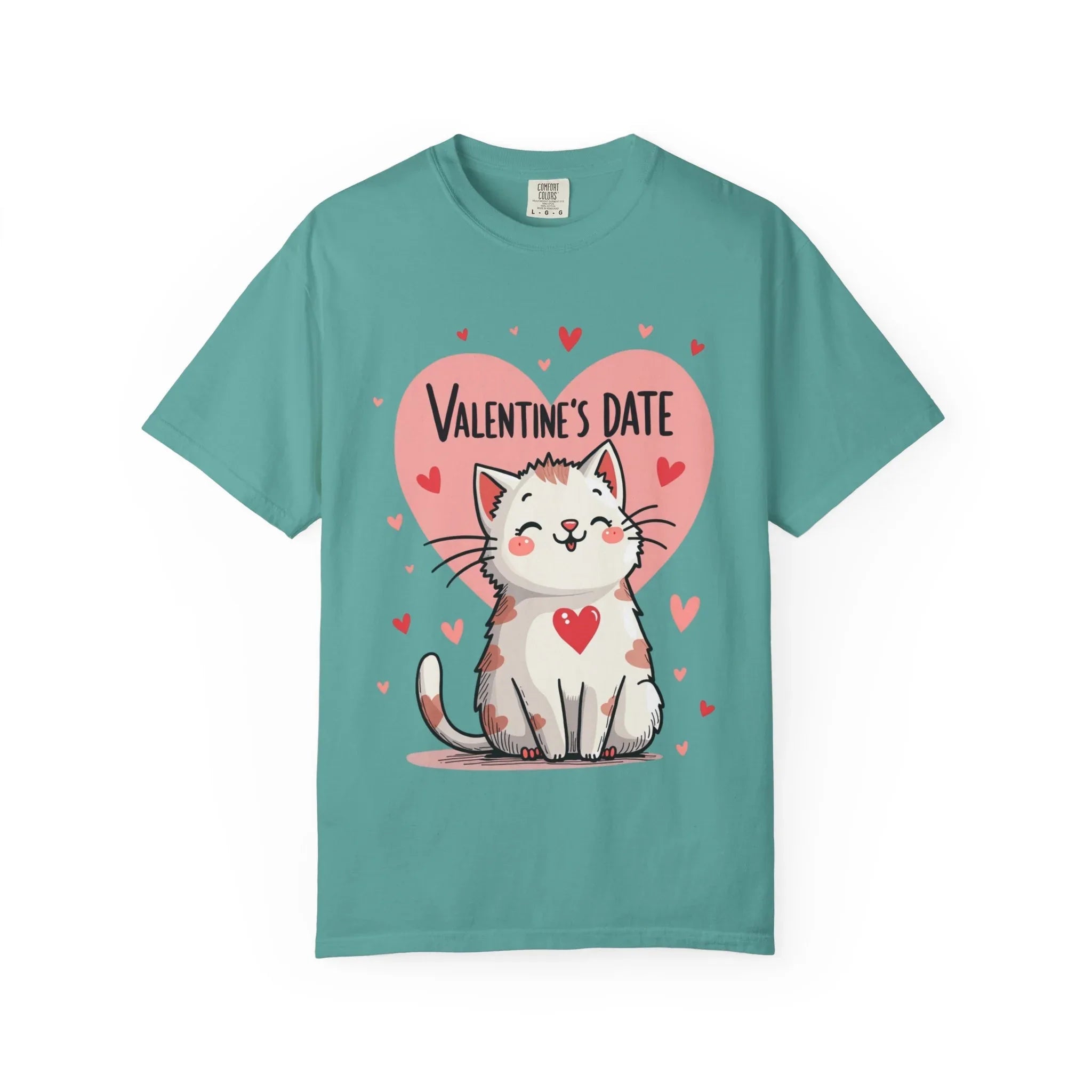 Valentine Cat Heart Shirt, Cute Blushing Kitty T-Shirt, Pink Heart Cat Graphic Tee, Cat Lover Gift, Valentines Day Outfit Seafoam