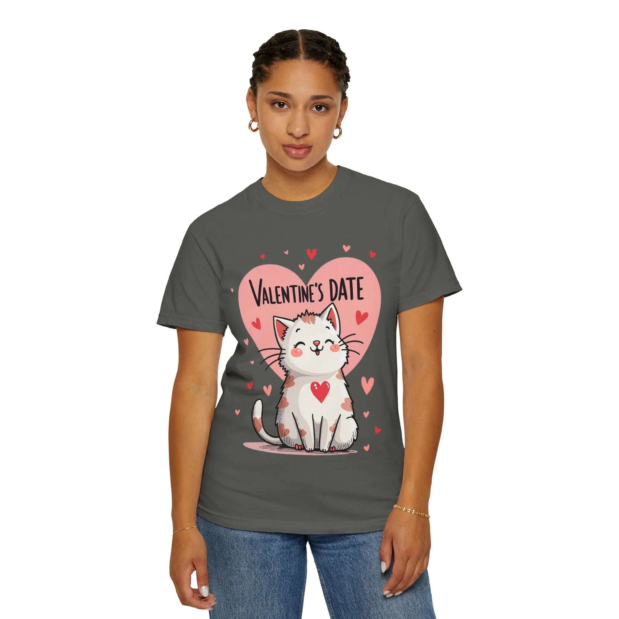 Valentine Cat Heart Shirt, Cute Blushing Kitty T-Shirt, Pink Heart Cat Graphic Tee, Cat Lover Gift, Valentines Day Outfit