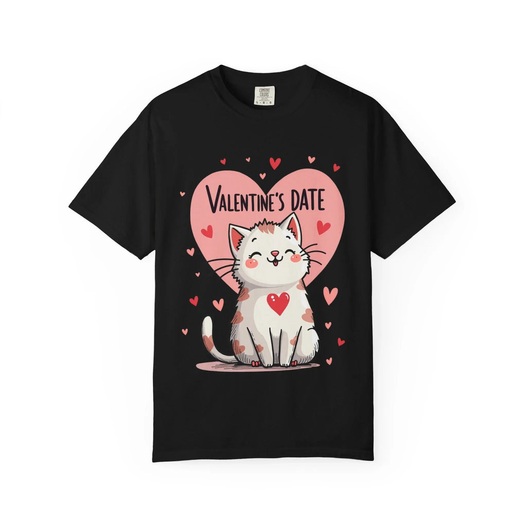 Valentine Cat Heart Shirt, Cute Blushing Kitty T-Shirt, Pink Heart Cat Graphic Tee, Cat Lover Gift, Valentines Day Outfit Black