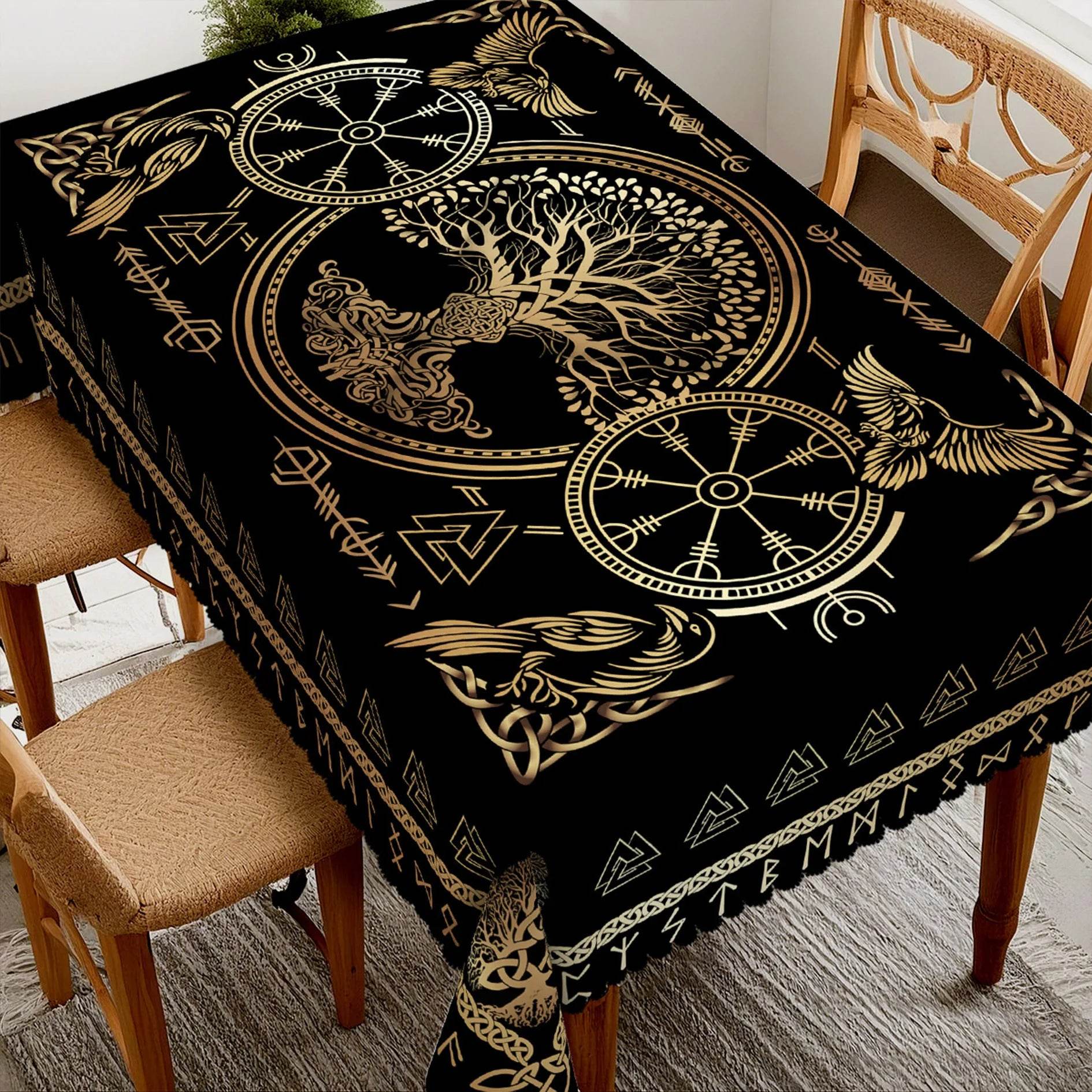 Norse Rune Tablecloth - Premium Gold Viking Crow Rectangle Decor for Elegant Dining