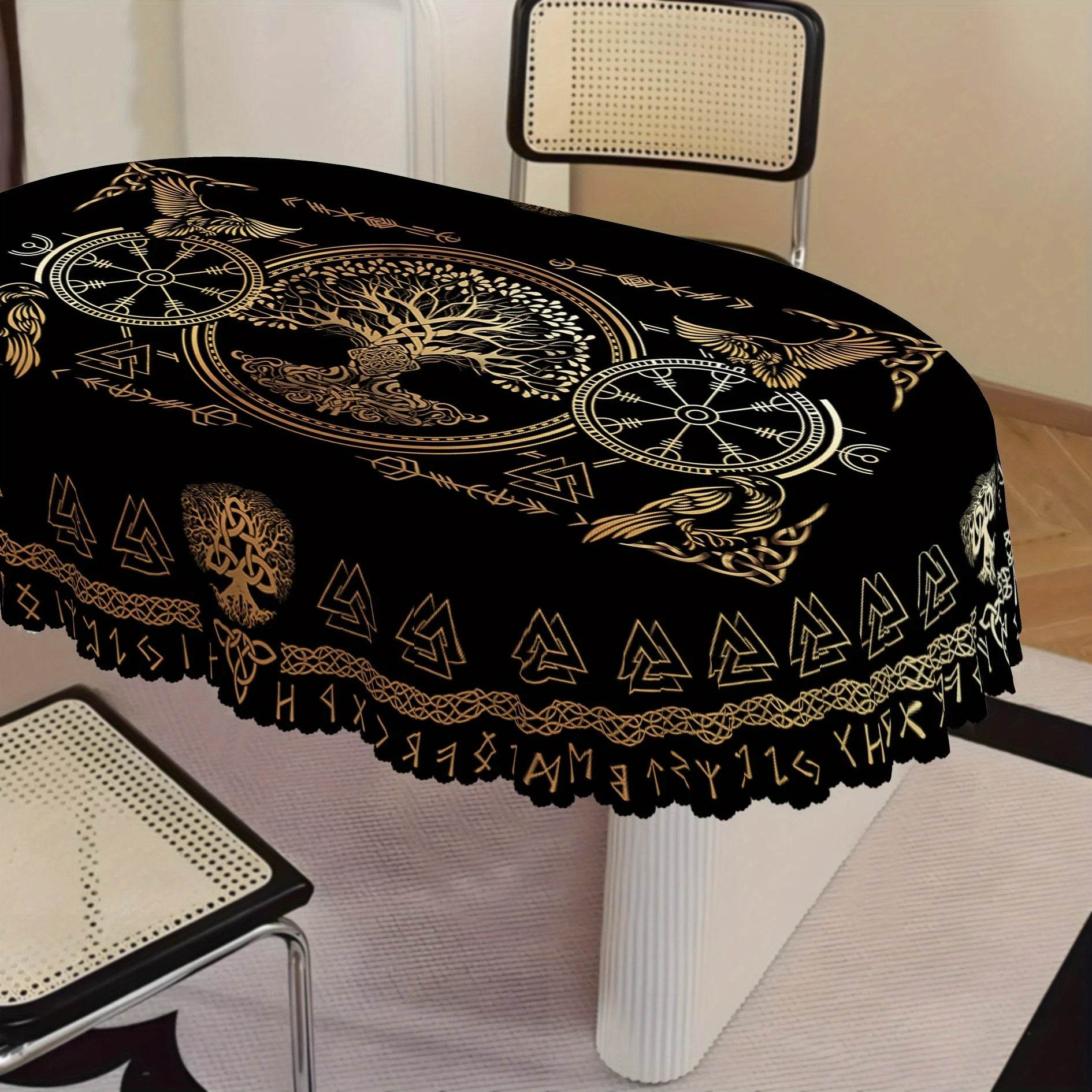 Norse Rune Tablecloth - Premium Gold Viking Crow Rectangle Decor for Elegant Dining