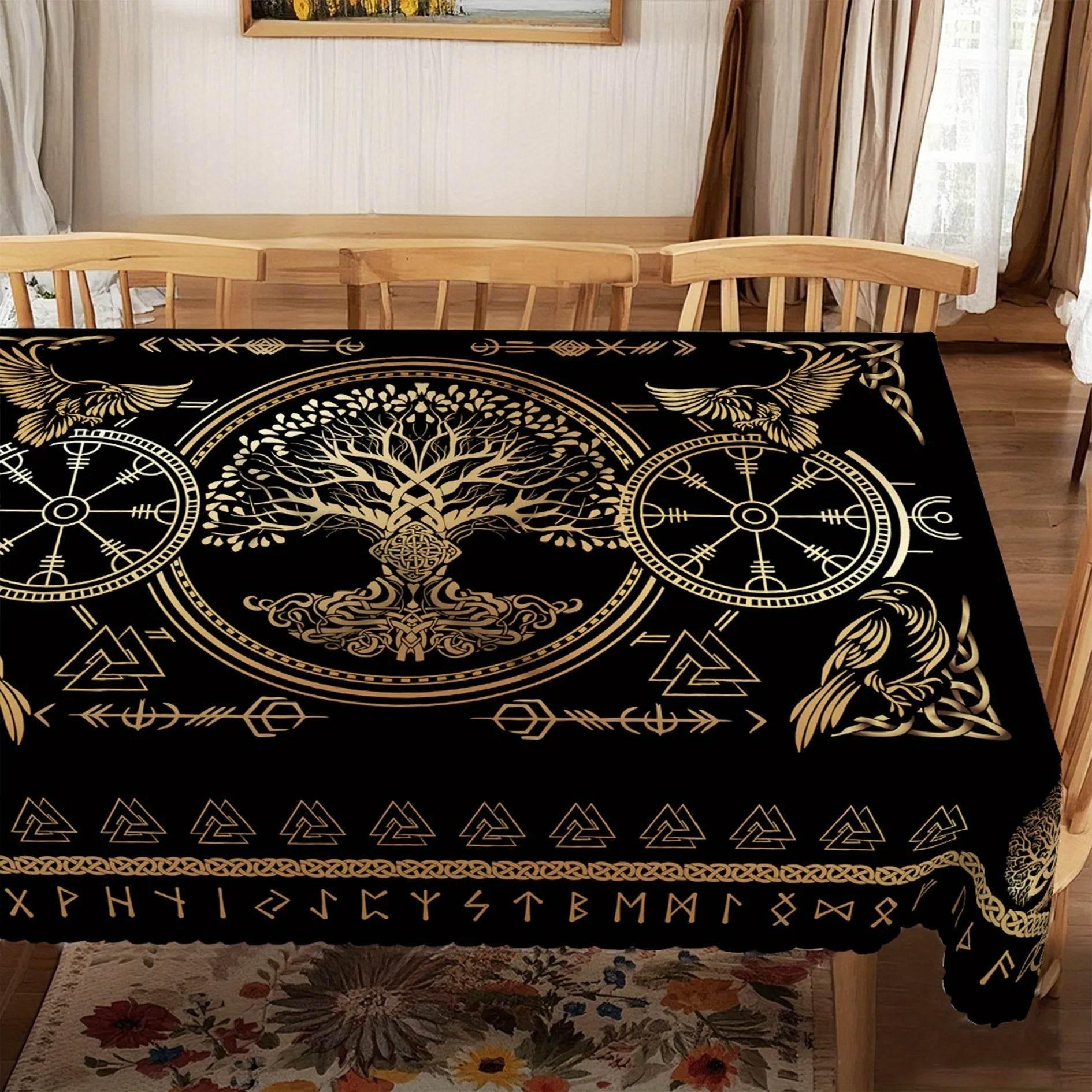 Norse Rune Tablecloth - Premium Gold Viking Crow Rectangle Decor for Elegant Dining