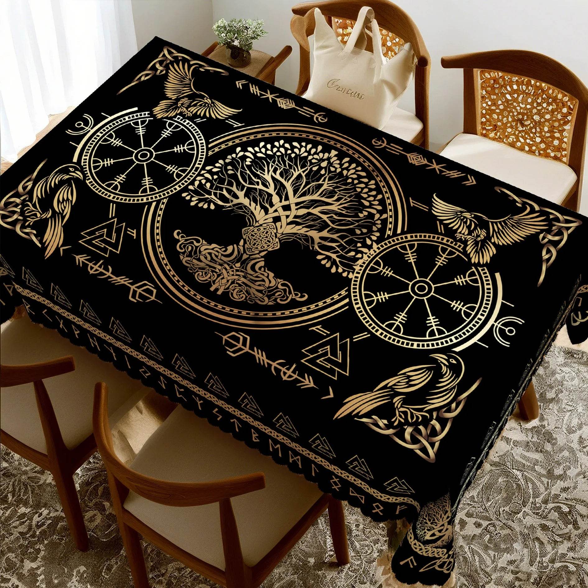 Norse Rune Tablecloth - Premium Gold Viking Crow Rectangle Decor for Elegant Dining 140x240cm