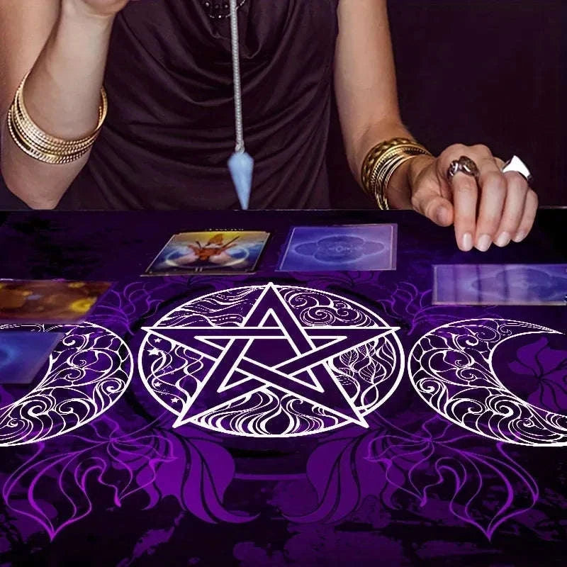 🌙 Velvet Tarot Card Mat | Purple Triple Moon Goddess Design – Altar Cloth & Table Pad for Witchcraft, Astrology, and Board Games