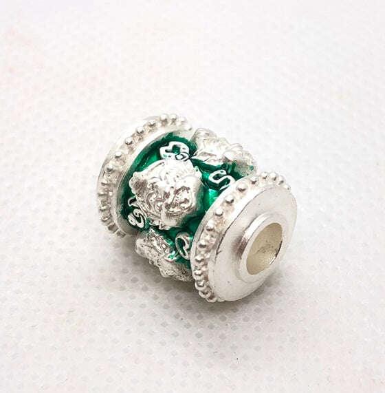 Four-Eared Five-Eyed Amulet - Authentic Thai Talisman Beads for Luck and Protection Silver plated-green enamel