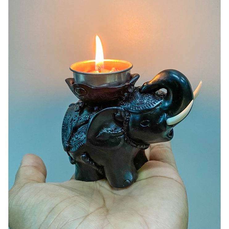 Handcrafted Elephant Tea Light Holder - Unique Home Decor Accent ดำ 6x10x8cm.