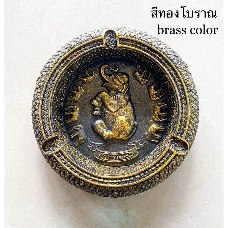 Handcrafted Peacock Elephant Ashtray - Unique Souvenir for Home Decor ทองโบราณ 14x14x3.5cm.