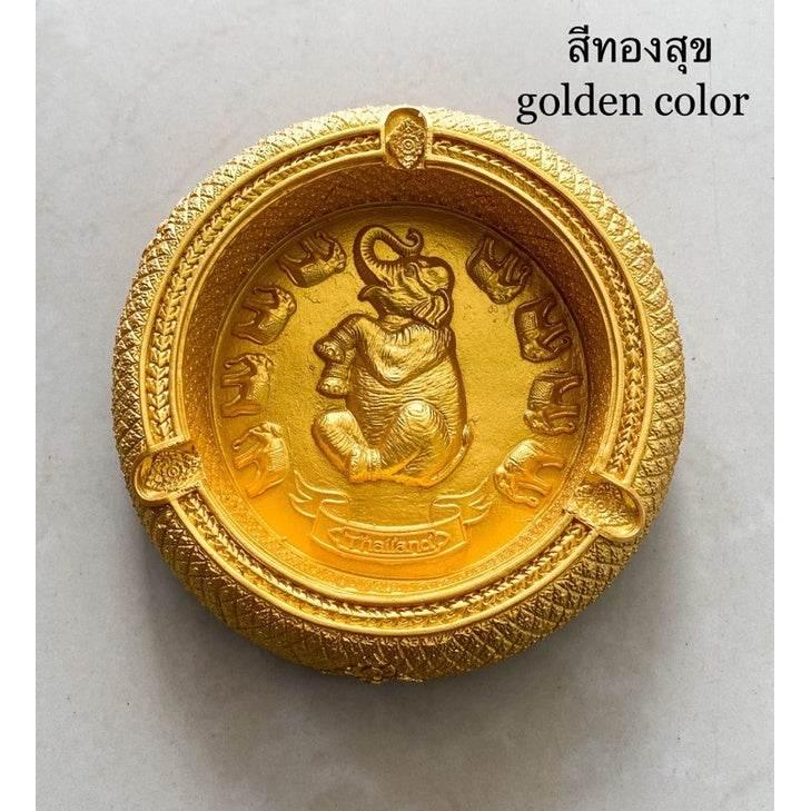 Handcrafted Peacock Elephant Ashtray - Unique Souvenir for Home Decor ทองสุข 14x14x3.5cm.