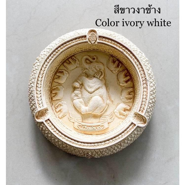 Handcrafted Peacock Elephant Ashtray - Unique Souvenir for Home Decor สีงาช้าง 14x14x3.5cm.