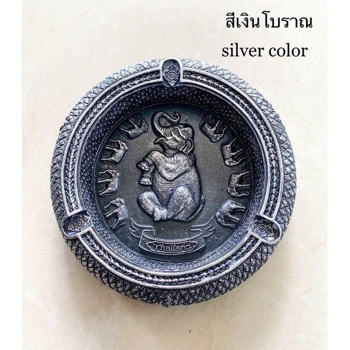 Handcrafted Peacock Elephant Ashtray - Unique Souvenir for Home Decor เงินโบราณ 14x14x3.5cm.