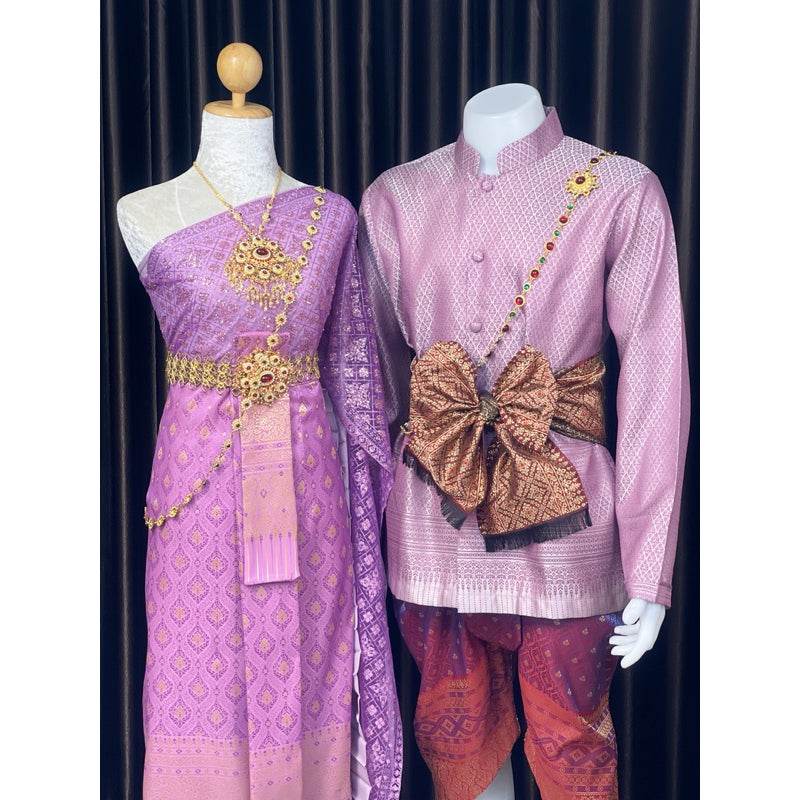 Traditional Thai Wedding Outfit Set - Purple One-Sake.com Women's accessories / แจ้งหมายเหตุ Women's set (dress) / แจ้งหมายเหตุ Men's suit (suit) / แจ้งหมายเหตุ Women's set (dress) / แจ้งหมายเหตุ-Men's suit (suit) / แจ้งหมายเหตุ-Women's accessories / แจ้งหมายเหตุ-Necklace + Men's belt / แจ้งหมายเหตุ-