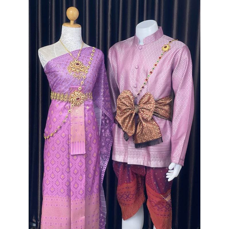 Traditional Thai Wedding Outfit Set - Purple One-Sake.com Women's accessories / แจ้งหมายเหตุ Women's set (dress) / แจ้งหมายเหตุ Men's suit (suit) / แจ้งหมายเหตุ Women's set (dress) / แจ้งหมายเหตุ-Men's suit (suit) / แจ้งหมายเหตุ-Women's accessories / แจ้งหมายเหตุ-Necklace + Men's belt / แจ้งหมายเหตุ-