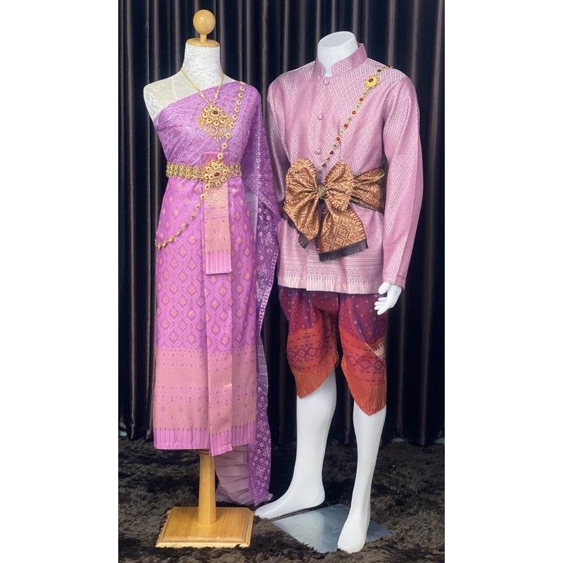 Traditional Thai Wedding Outfit Set - Purple One-Sake.com Women's accessories / แจ้งหมายเหตุ Women's set (dress) / แจ้งหมายเหตุ Men's suit (suit) / แจ้งหมายเหตุ Women's set (dress) / แจ้งหมายเหตุ-Men's suit (suit) / แจ้งหมายเหตุ-Women's accessories / แจ้งหมายเหตุ-Necklace + Men's belt / แจ้งหมายเหตุ-