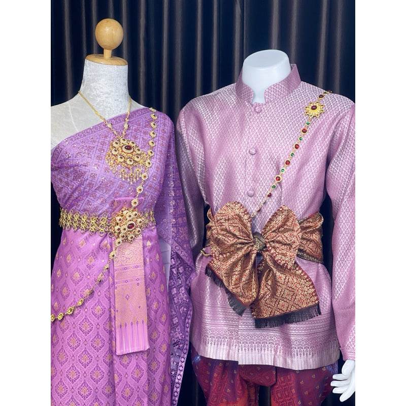 Traditional Thai Wedding Outfit Set - Purple One-Sake.com Women's accessories / แจ้งหมายเหตุ Women's set (dress) / แจ้งหมายเหตุ Men's suit (suit) / แจ้งหมายเหตุ Women's set (dress) / แจ้งหมายเหตุ-Men's suit (suit) / แจ้งหมายเหตุ-Women's accessories / แจ้งหมายเหตุ-Necklace + Men's belt / แจ้งหมายเหตุ-