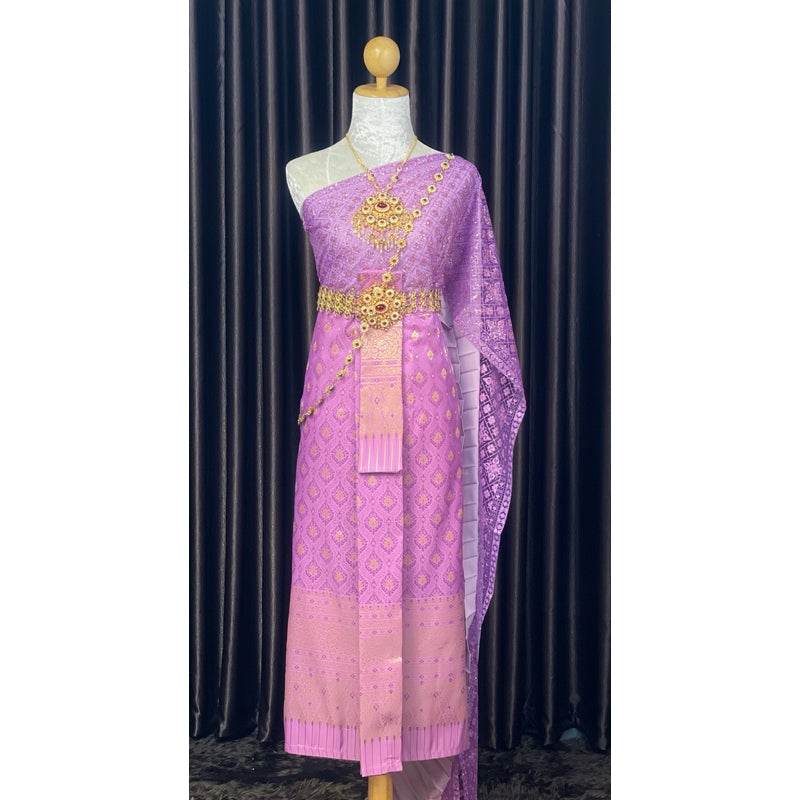 Traditional Thai Wedding Outfit Set - Purple One-Sake.com Women's accessories / แจ้งหมายเหตุ Women's set (dress) / แจ้งหมายเหตุ Men's suit (suit) / แจ้งหมายเหตุ Women's set (dress) / แจ้งหมายเหตุ-Men's suit (suit) / แจ้งหมายเหตุ-Women's accessories / แจ้งหมายเหตุ-Necklace + Men's belt / แจ้งหมายเหตุ-