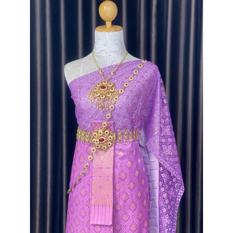 Traditional Thai Wedding Outfit Set - Purple One-Sake.com Women's accessories / แจ้งหมายเหตุ Women's set (dress) / แจ้งหมายเหตุ Men's suit (suit) / แจ้งหมายเหตุ Women's set (dress) / แจ้งหมายเหตุ-Men's suit (suit) / แจ้งหมายเหตุ-Women's accessories / แจ้งหมายเหตุ-Necklace + Men's belt / แจ้งหมายเหตุ-
