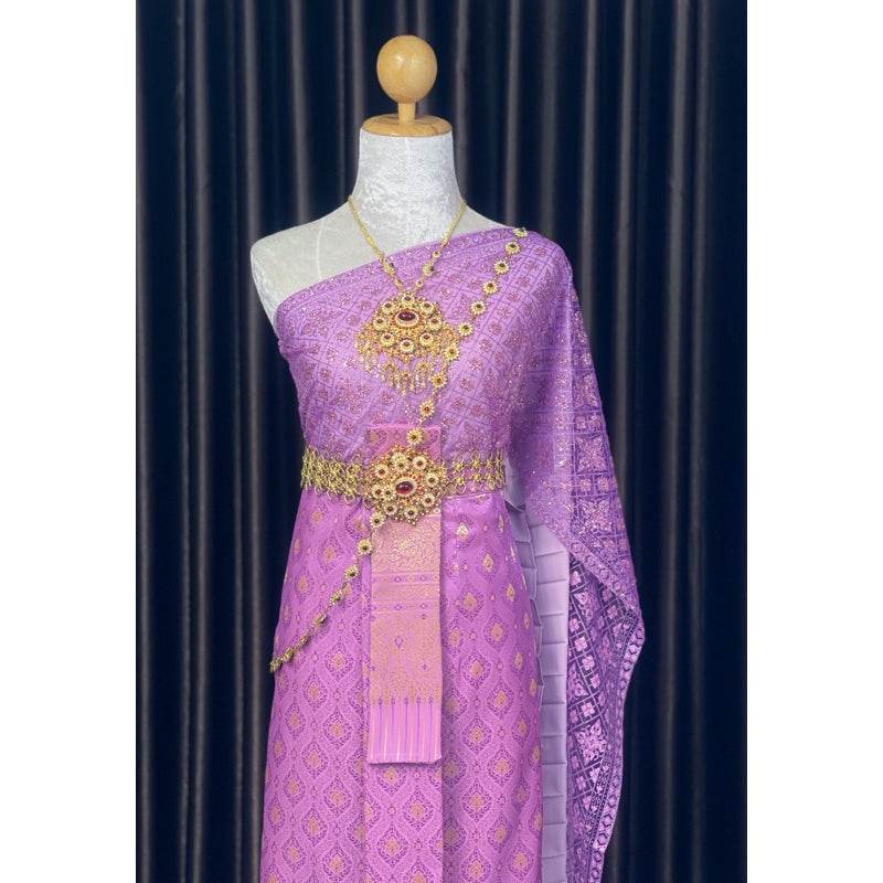 Traditional Thai Wedding Outfit Set - Purple One-Sake.com Women's accessories / แจ้งหมายเหตุ Women's set (dress) / แจ้งหมายเหตุ Men's suit (suit) / แจ้งหมายเหตุ Women's set (dress) / แจ้งหมายเหตุ-Men's suit (suit) / แจ้งหมายเหตุ-Women's accessories / แจ้งหมายเหตุ-Necklace + Men's belt / แจ้งหมายเหตุ-