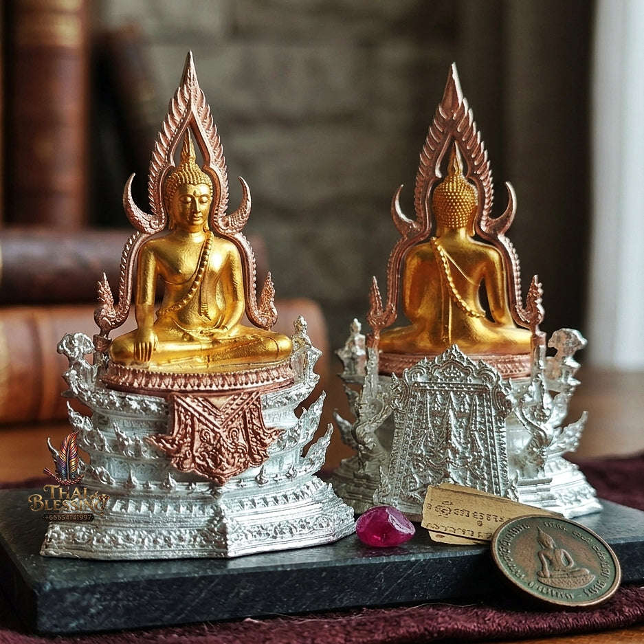 Victorious Status Elevation & Celestial Abundance Somdet Phra Phutta Chinnarat Luen Thana High-Relief 3K Tri-Color Gold-Plated Bronze