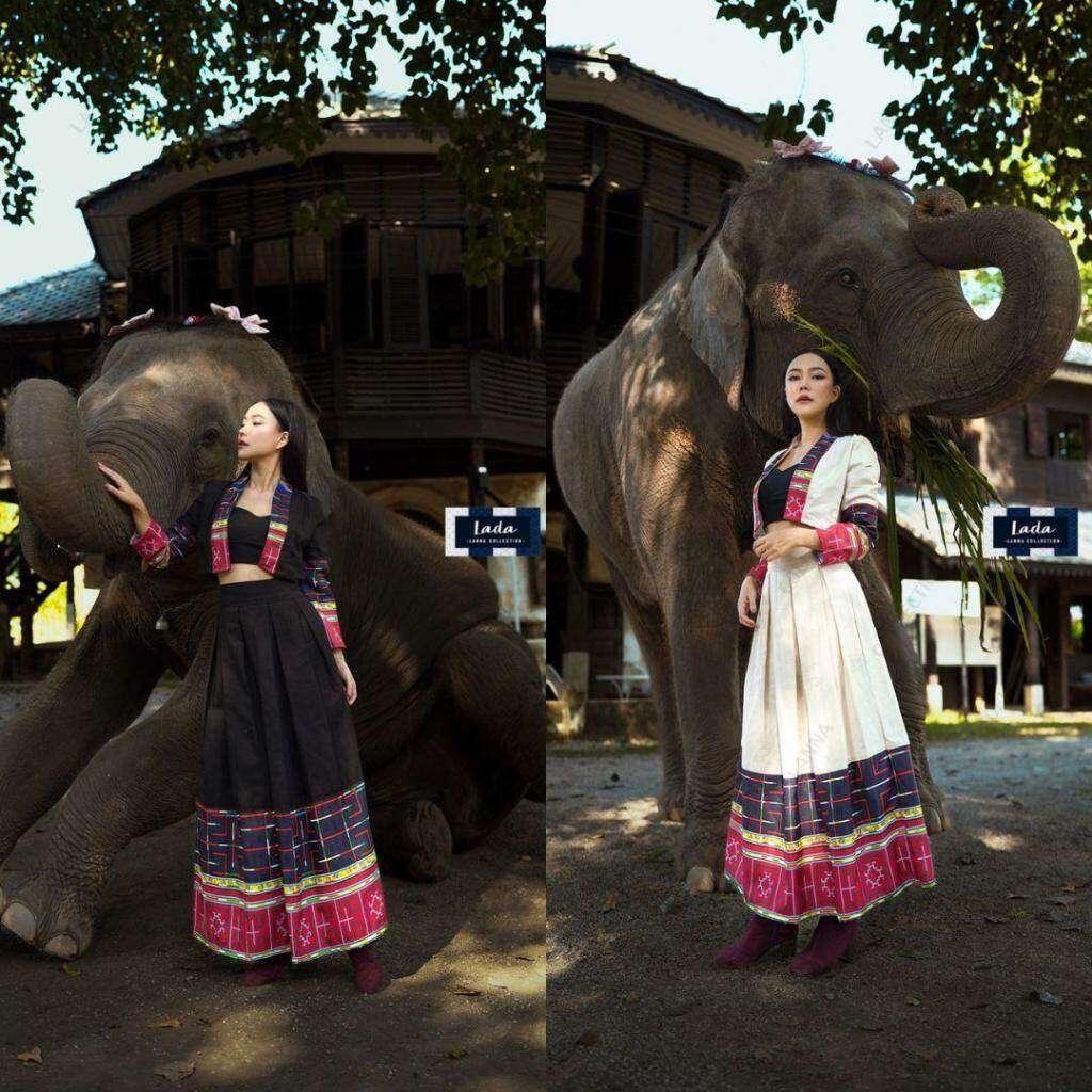 Vietnamese Hmong Print Set: Stylish Wrap Top and Skirt for Women - Cream and Black, Sizes S–XL