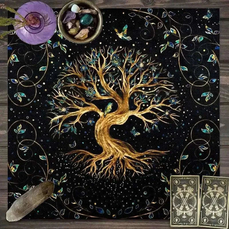 🃏 VIKAMA Astrology Energy Tablecloth – Waterproof Tree of Life & Zodiac Signs Meditation Cloth for Divination, Rituals & Mystic Home Decor YLB-605
