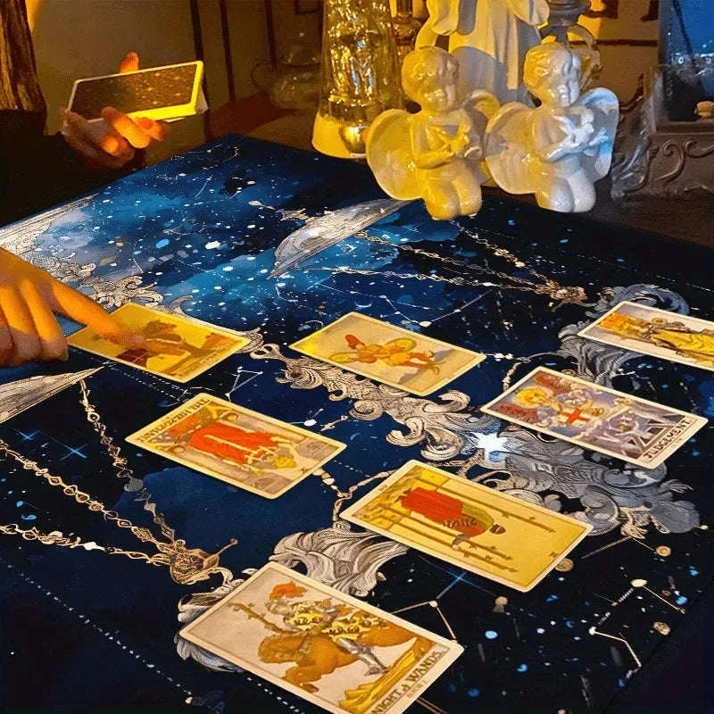🃏VIKAMA Libra Astrology Tablecloth – Deep Blue Starry Sky Cloth with Gold & Silver Scales for Restaurants, Study Rooms & Zodiac-Themed Decor