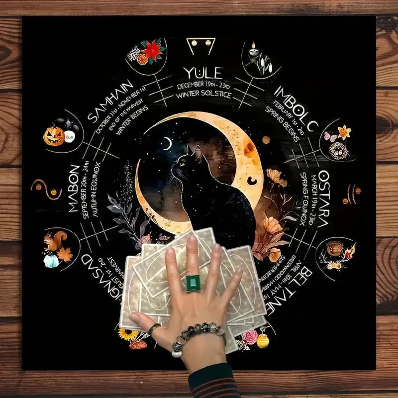 🐈 VIKAMA Mystic Witch Cat Tarot Altar Cloth – Durable Polyester Tablecloth Featuring Mystical Cat and Cosmic Designs for Tarot Readings