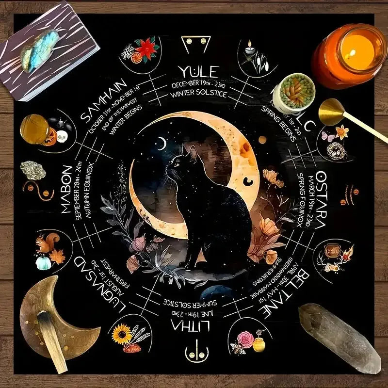 🐈 VIKAMA Mystic Witch Cat Tarot Altar Cloth – Durable Polyester Tablecloth Featuring Mystical Cat and Cosmic Designs for Tarot Readings 2PC 49x49(1.6X1.6FT