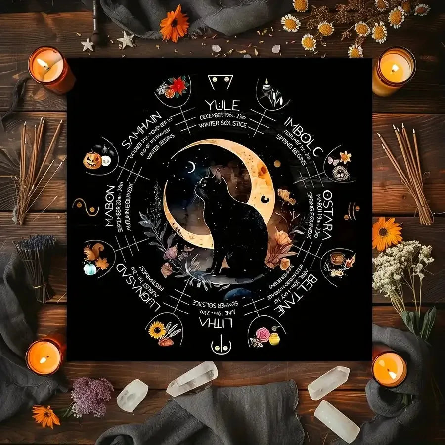 🐈 VIKAMA Mystic Witch Cat Tarot Altar Cloth – Durable Polyester Tablecloth Featuring Mystical Cat and Cosmic Designs for Tarot Readings