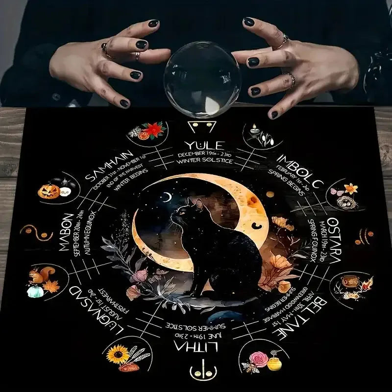 🐈 VIKAMA Mystic Witch Cat Tarot Altar Cloth – Durable Polyester Tablecloth Featuring Mystical Cat and Cosmic Designs for Tarot Readings